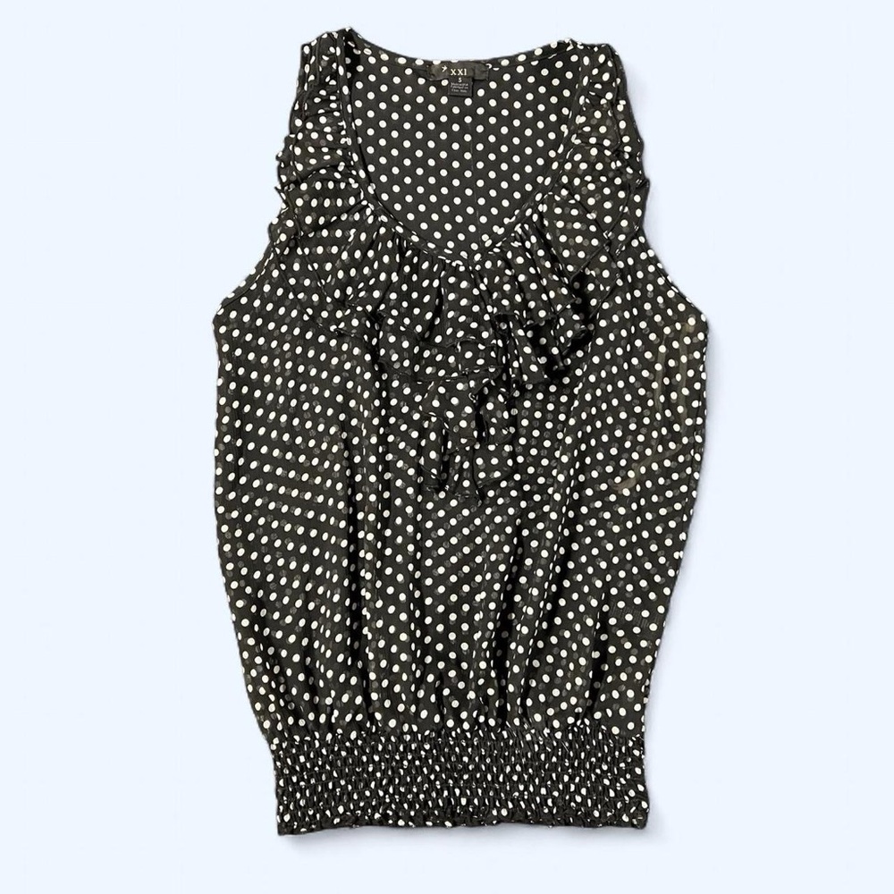 Y2k Sheer Black White Polka Dot Ruffle Blouse Small Twee Girly Preppy Office Top